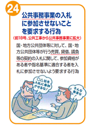 公共事務事業の入札に参加させないことを要求する行為(前18号、公共工事から公共事務事業に拡大) 国・地方公共団体等に対して、国・地方公共団体等が行う売買、賃借、請負等の契約の入札に関して、参加資格がある者や指名基準に適合する者を入札に参加させないよう要求する行為